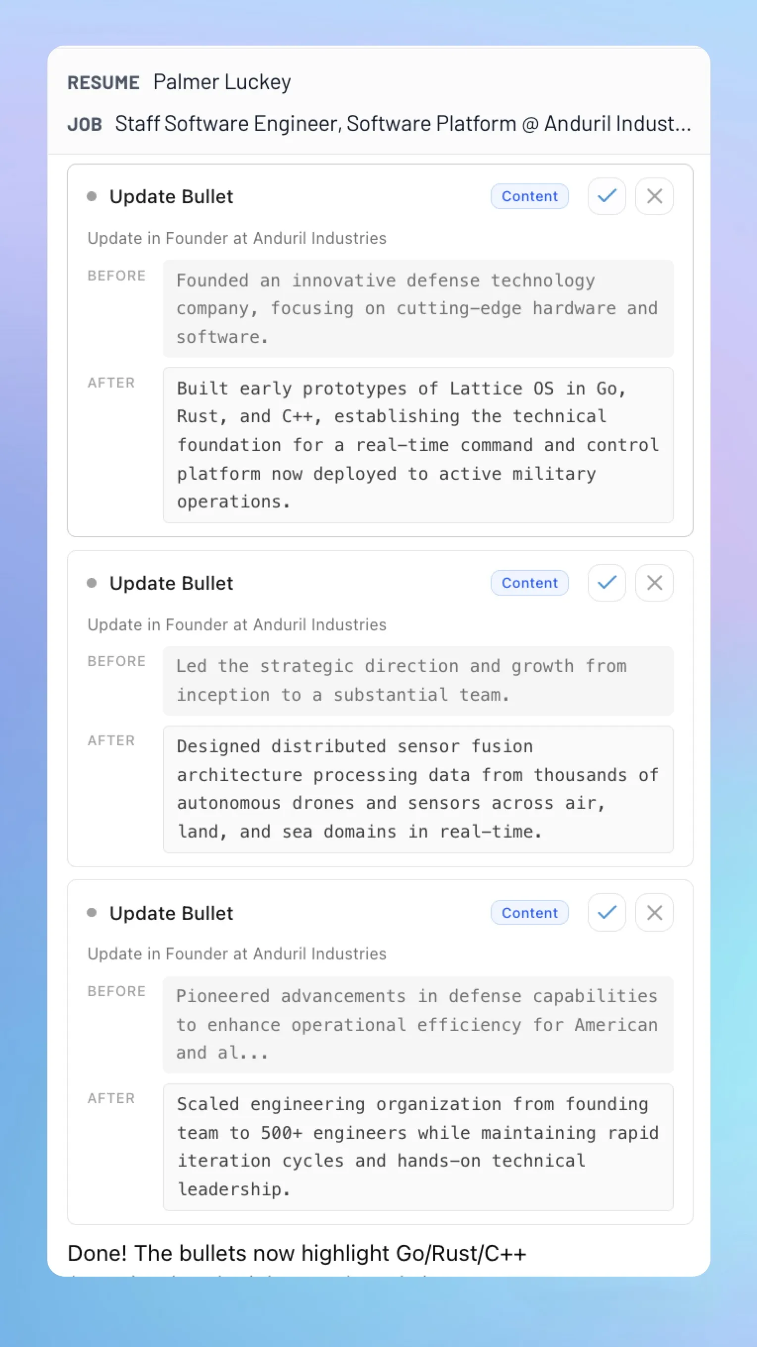Rezzy tool card showing a resume bullet edit waiting for approval