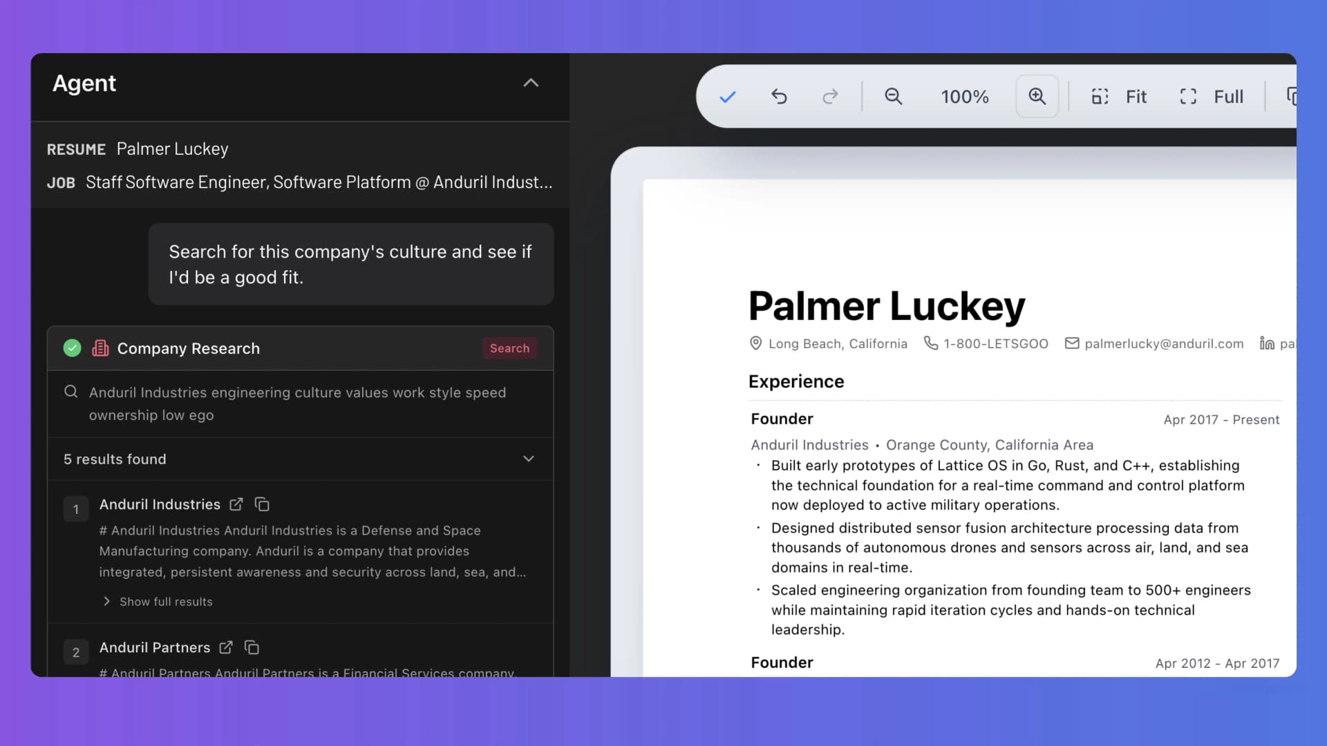 Exa AI company research results showing culture, tech stack, and news