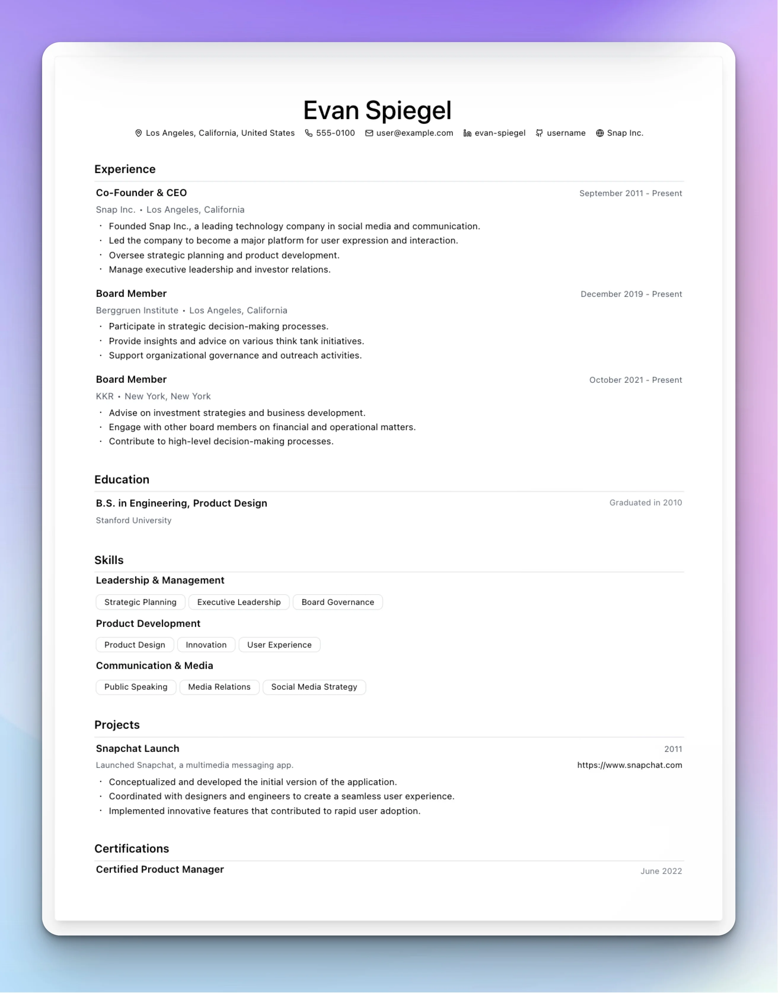 Clean minimalist resume style with centered header, Geist font, and thin section dividers