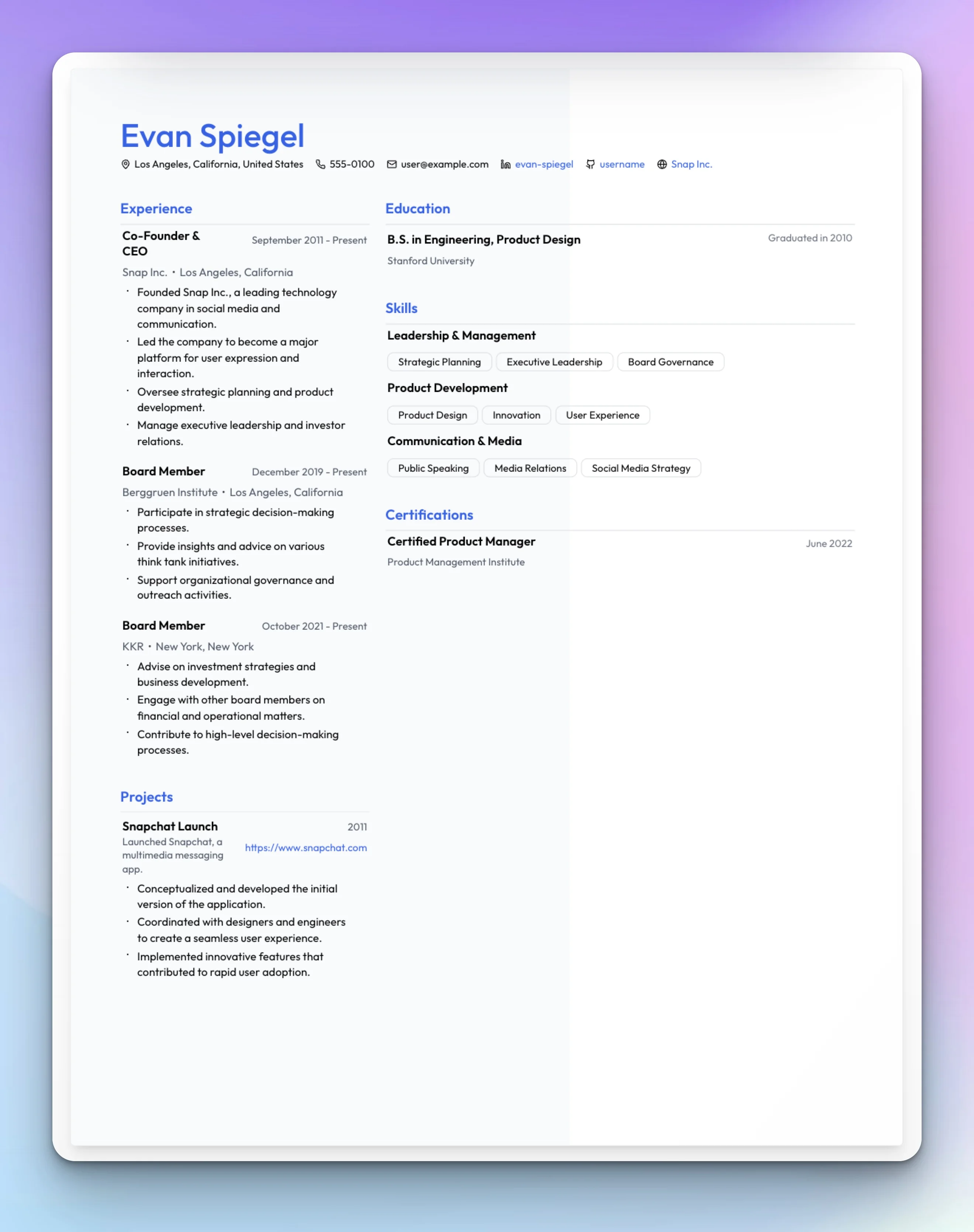Two-column resume with left sidebar, blue accents, and light gray background on the left