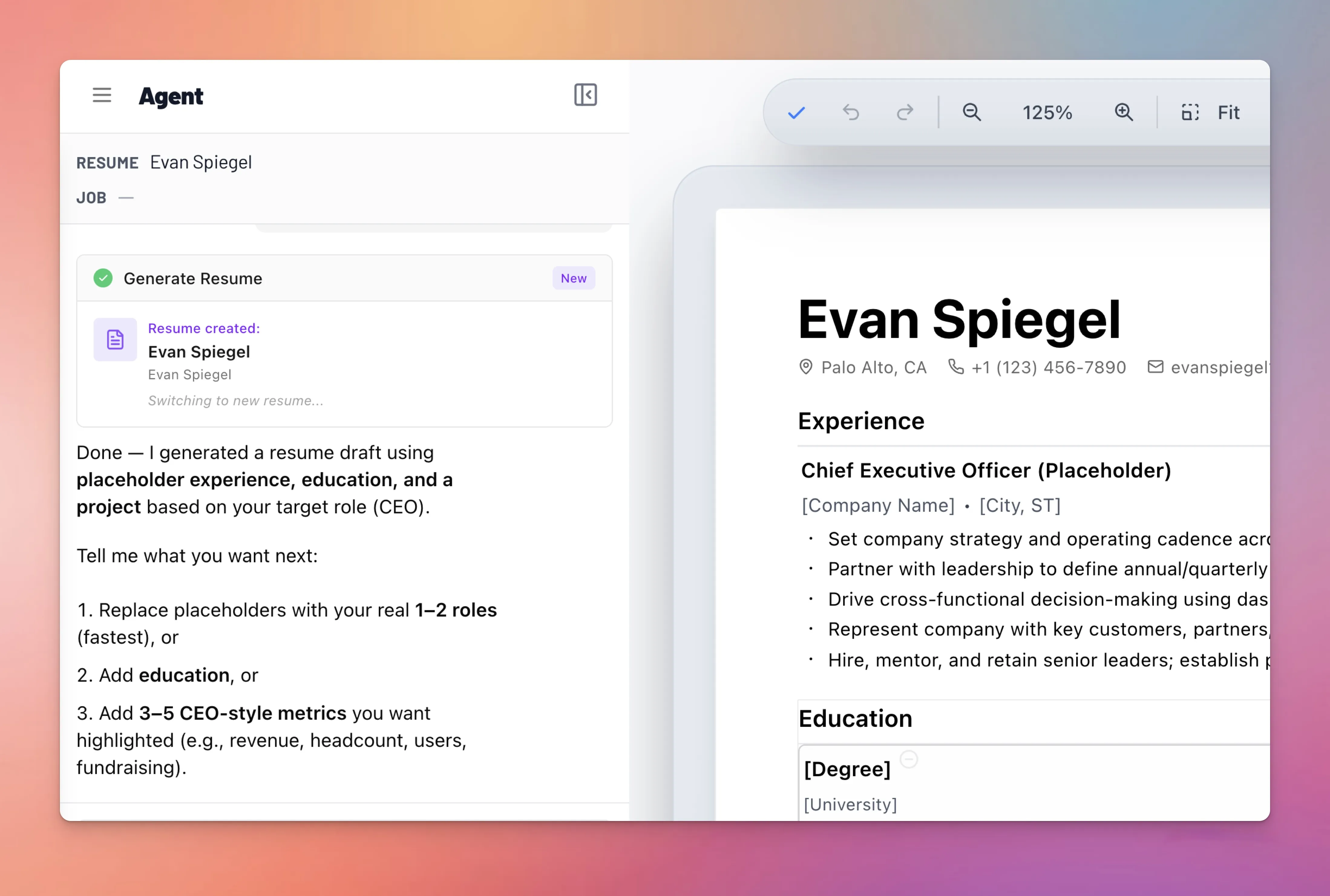 The generated resume displayed in the Text2Resume editor alongside the chat