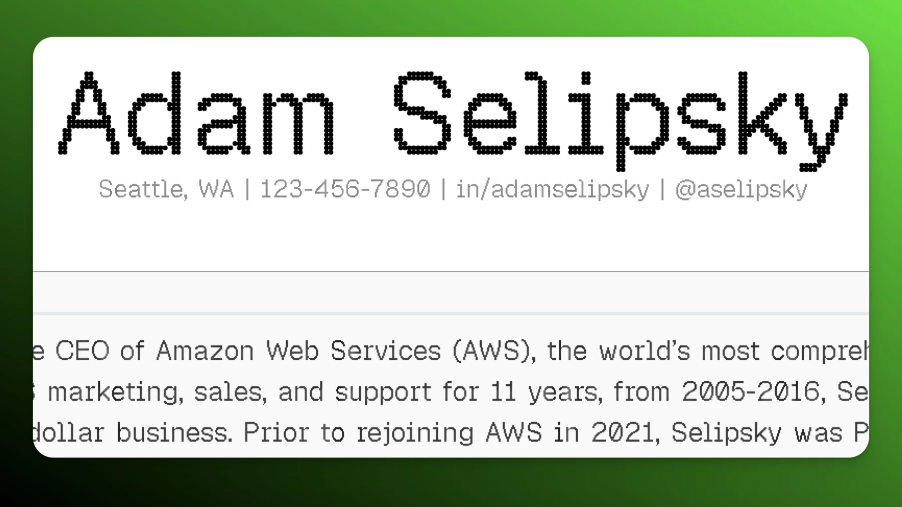 Resume nameplate rendered in Geist Pixel Circle variant