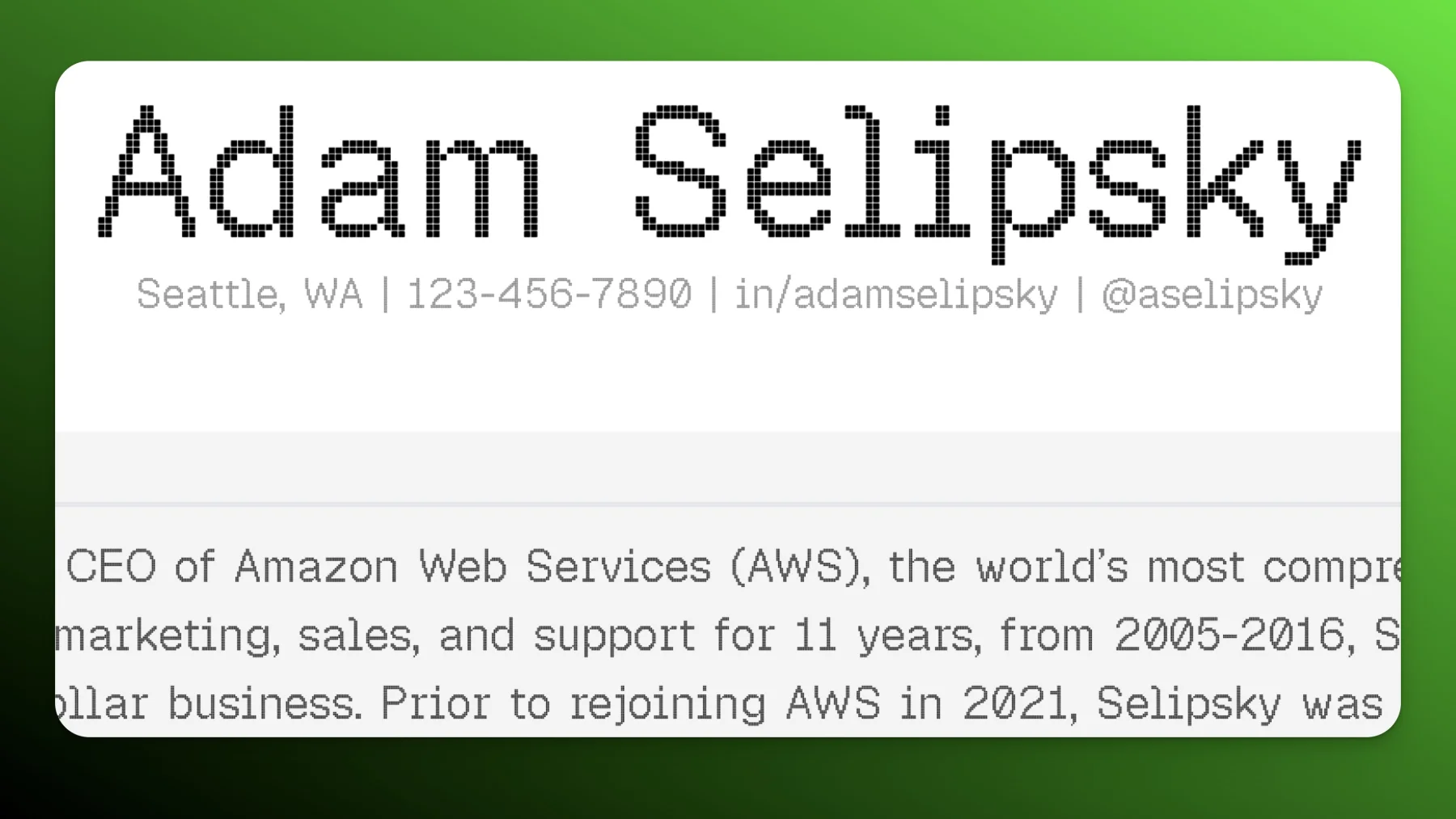 Resume nameplate rendered in Geist Pixel Grid variant