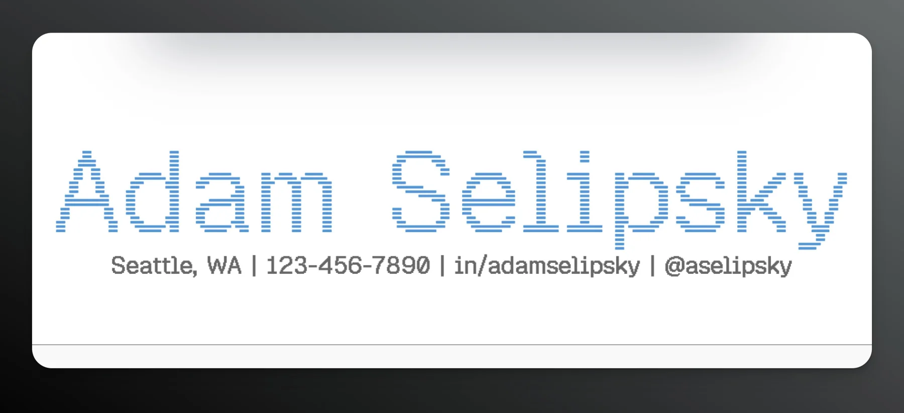 Resume nameplate rendered in Geist Pixel Line with blue coloring, resembling the IBM horizontal-line treatment