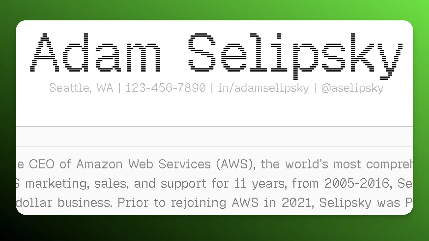 Resume nameplate rendered in Geist Pixel Line variant