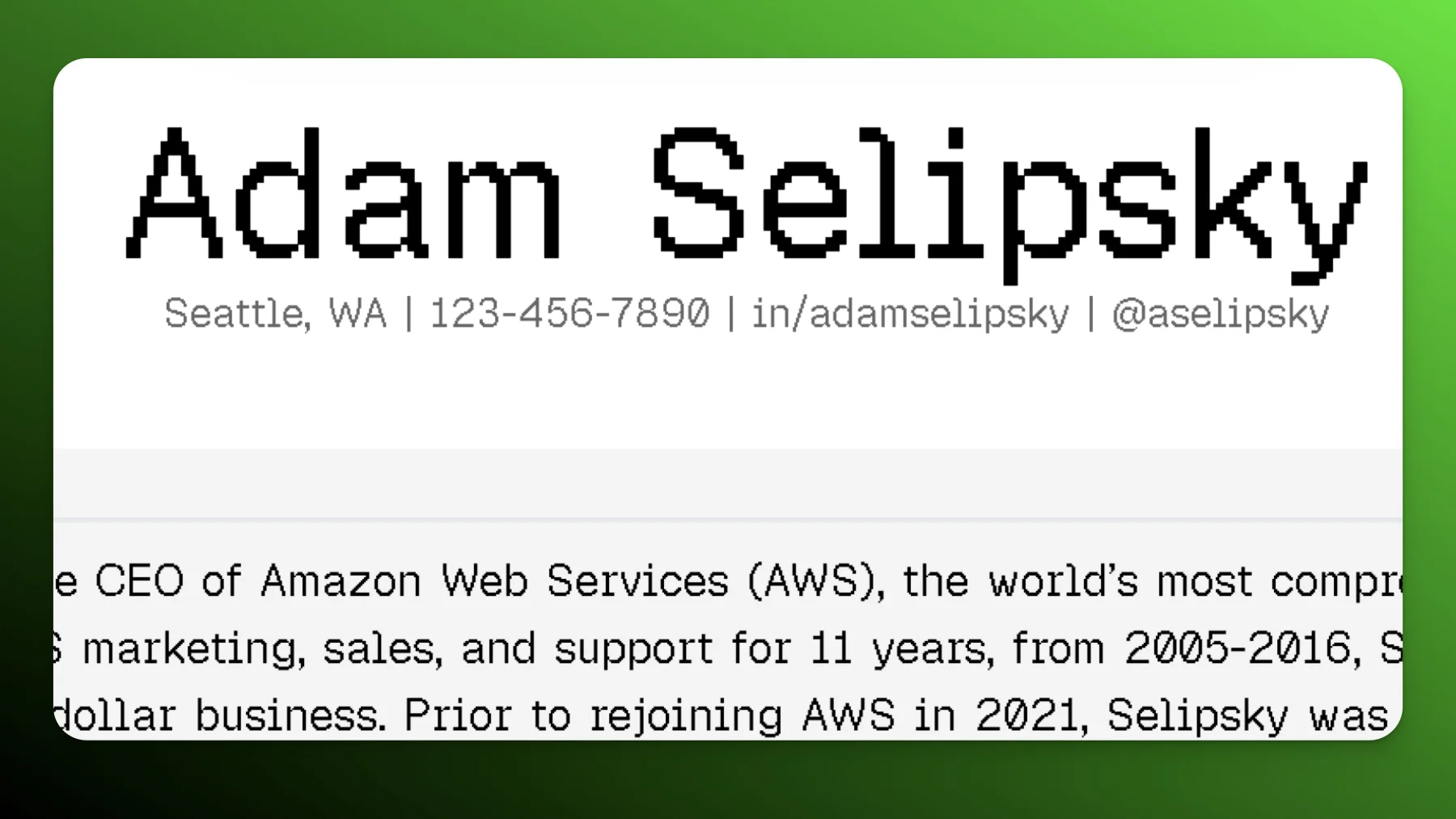 Resume nameplate rendered in Geist Pixel Square variant