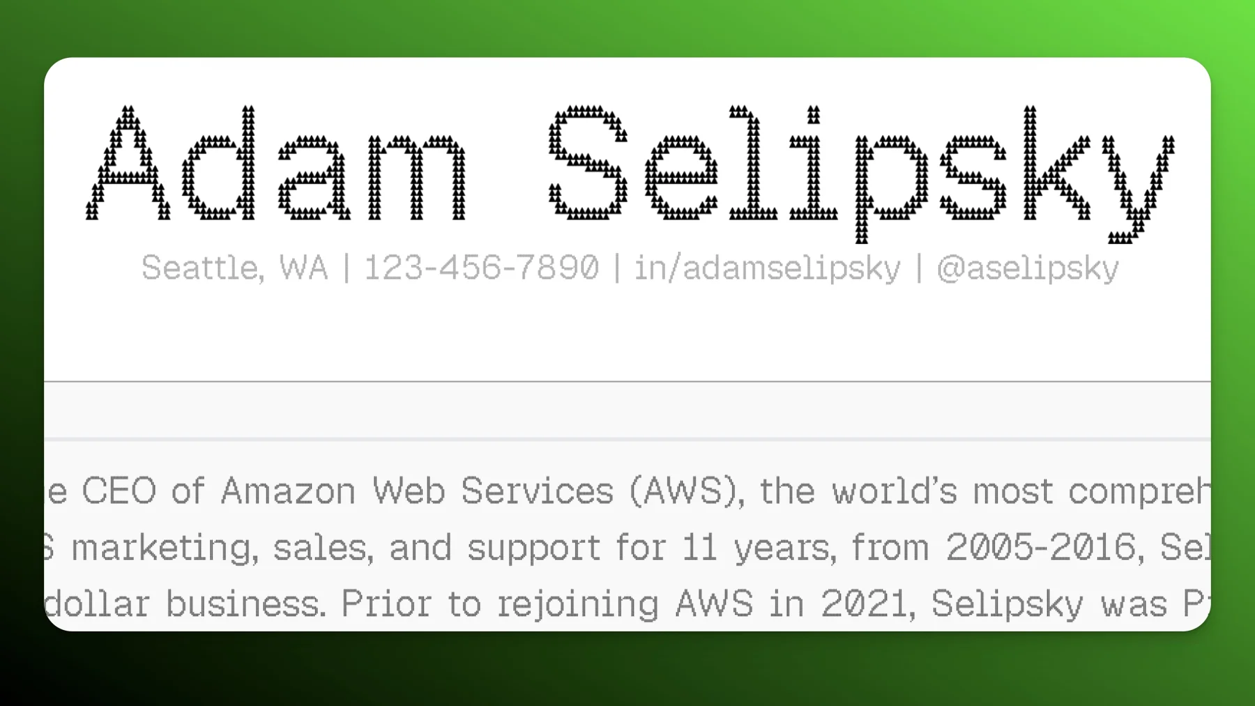 Resume nameplate rendered in Geist Pixel Triangle variant