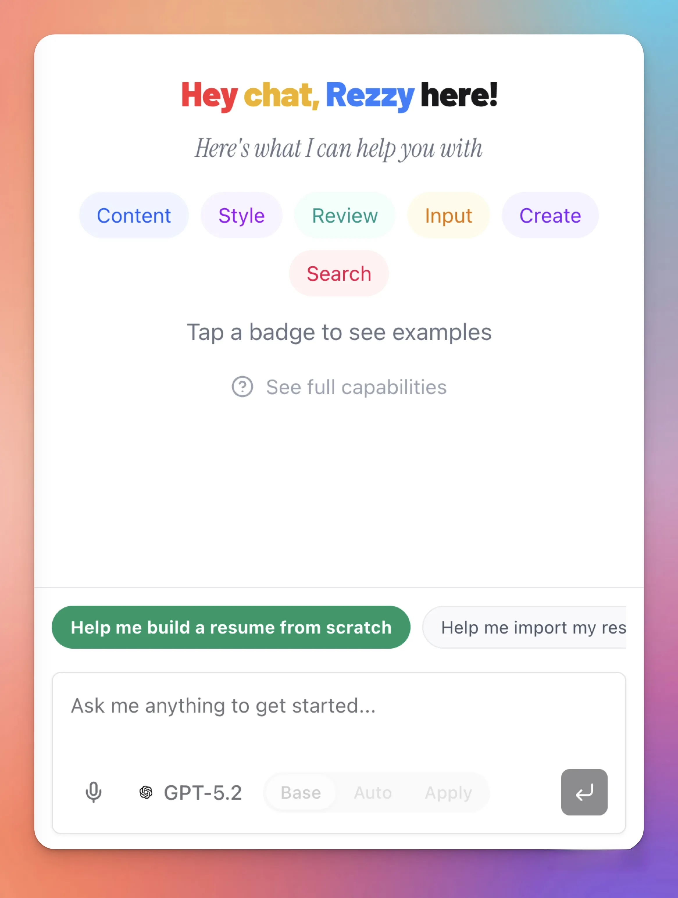 Text2Resume onboarding screen showing the 'Help me build a resume from scratch' option