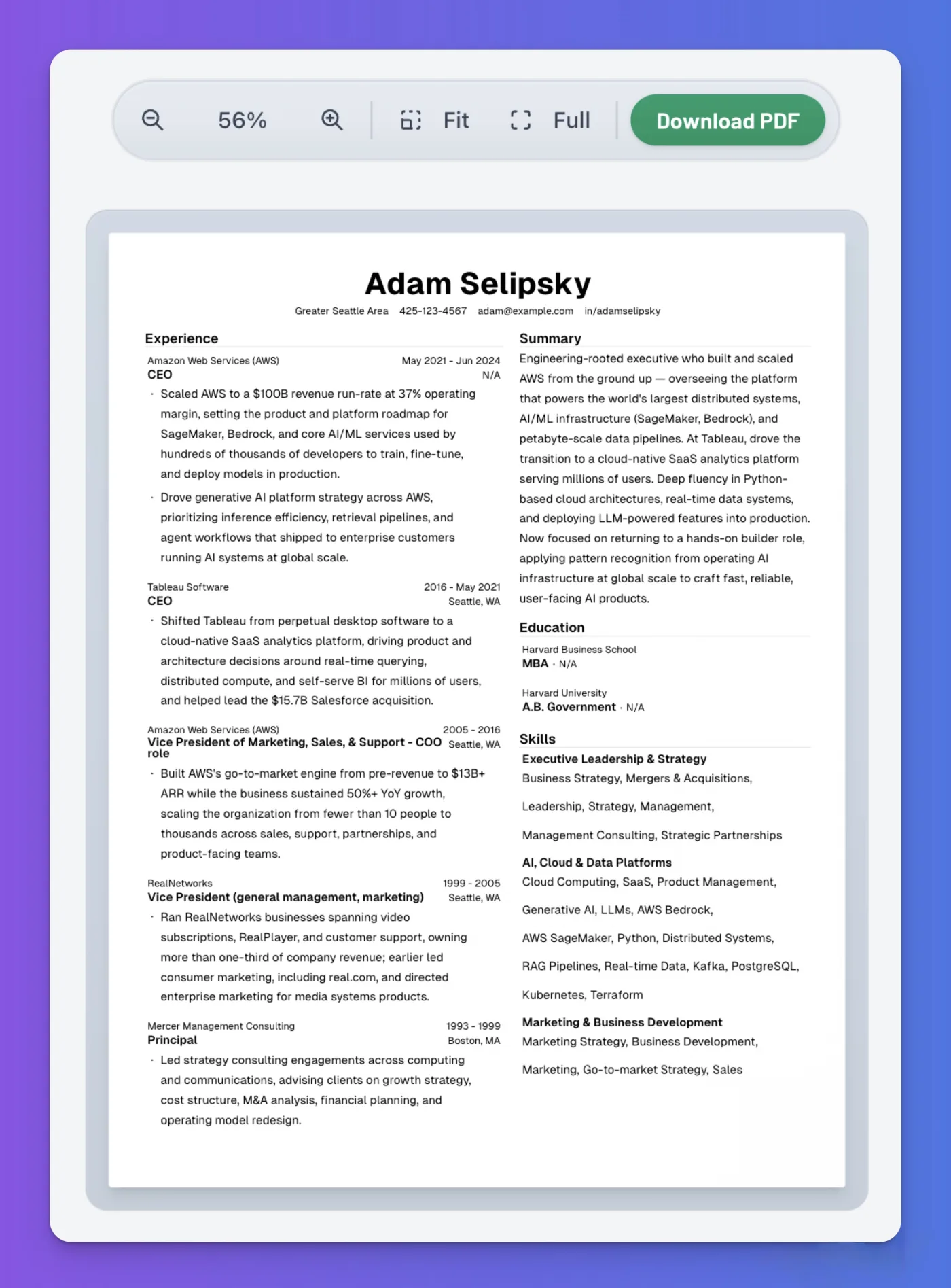 A shared Text2Resume page open in a browser, showing a resume rendered exactly as it was built, with a Download PDF button